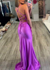 Audrey | Purple Emerald Green Mermaid Backless V Neck Satin Formal Dress with Train - Purple - PromDressClub